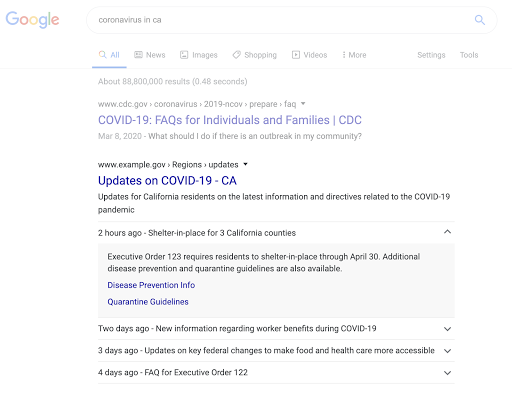 Google 搜索中的 COVID-19 公告