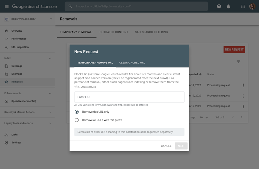 Search Console में, कुछ समय के लिए यूआरएल हटाने का अनुरोध करना