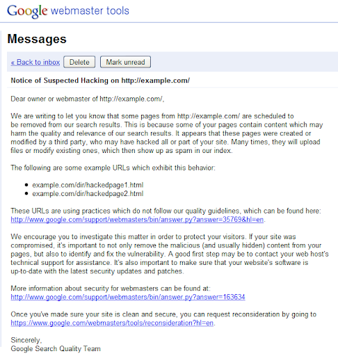 Un mensaje en Herramientas para webmasters que explica las sospechas de que el sitio se ha pirateado 