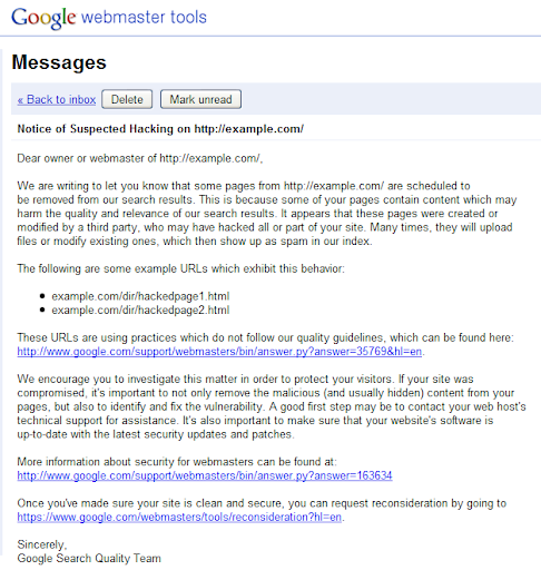 Pesan di alat webmaster yang menjelaskan situs dicurigai telah diretas 