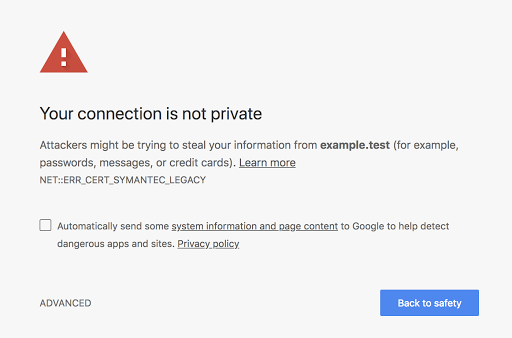 Un esempio di errore del certificato che gli utenti di Chrome 66 potrebbero vedere