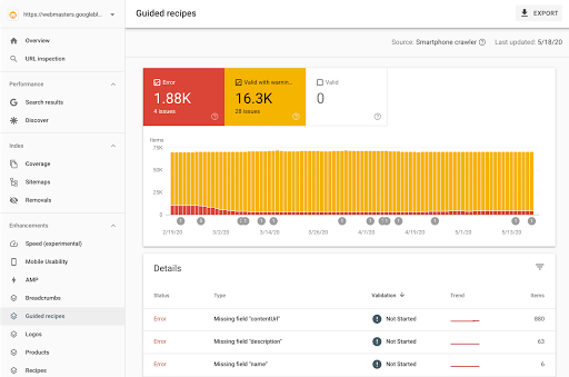 Guided Recipes Enhancement report in Search Console