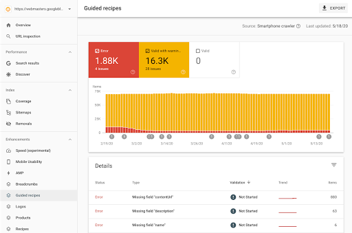 Informe de mejoras de recetas guiadas de Search Console