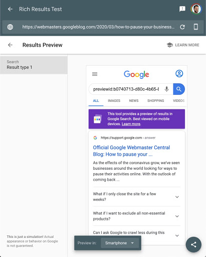 search preview on Rich Results Test