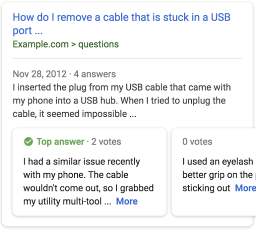 un resultado de búsqueda de ejemplo de una página titulada "¿Cómo quito un cable atascado en un puerto USB?", junto a varias de las mejores respuestas que se pueden encontrar en ella.