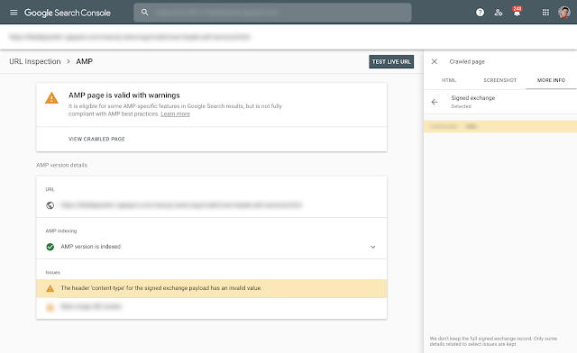 Detail masalah Signed HTTP Exchange di Search Console