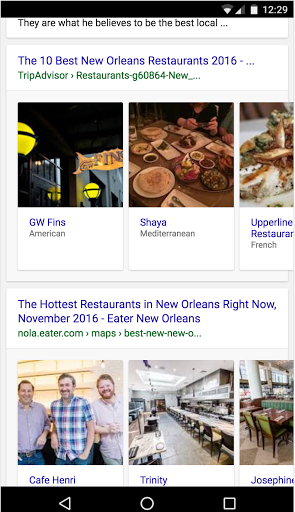 Resultado de búsqueda que muestra los mejores restaurantes de Nueva Orleans en una nueva interfaz de carrusel por la que se puede navegar desplazándose hacia la izquierda y la derecha