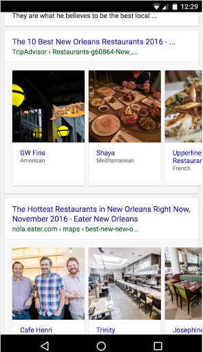 ผลการค้นหาที่แสดงร้านอาหารนิวออร์ลีนส์ที่ดีที่สุดใน UI ของภาพสไลด์แบบใหม่ที่คุณสามารถเลือกดูได้โดยการเลื่อนไปทางซ้ายและขวา