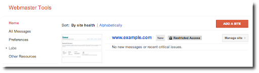 Banner en la página principal que muestra que el usuario actual restringió el acceso a los datos de un sitio en las Herramientas para webmasters de Google