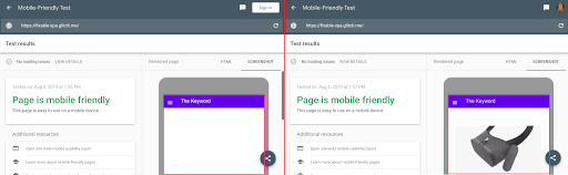 Vergleich zwischen dem alten und dem neuen Test auf Optimierung für Mobilgeräte Beim alten Test auf Optimierung für Mobilgeräte war eine leere Seite zu sehen, beim neuen wird sie richtig gerendert