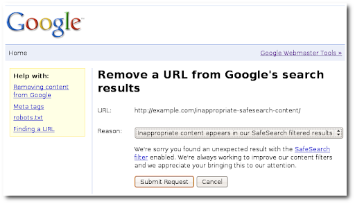 herramienta de retirada de búsqueda segura de Google