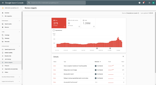 Informe de mejoras de fragmentos de reseñas de Search Console