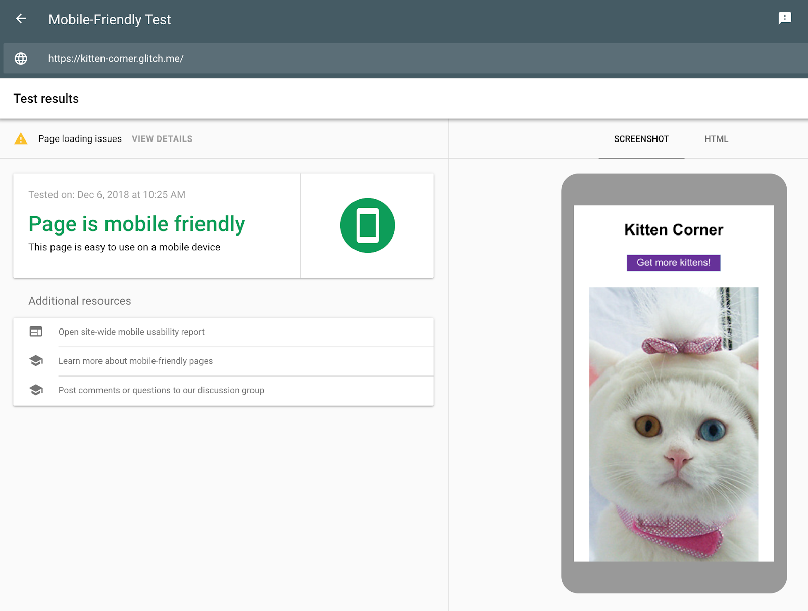 The Mobile-Friendly Test shows that the page is mobile-friendly and the screenshot now has
          all the missing cats!