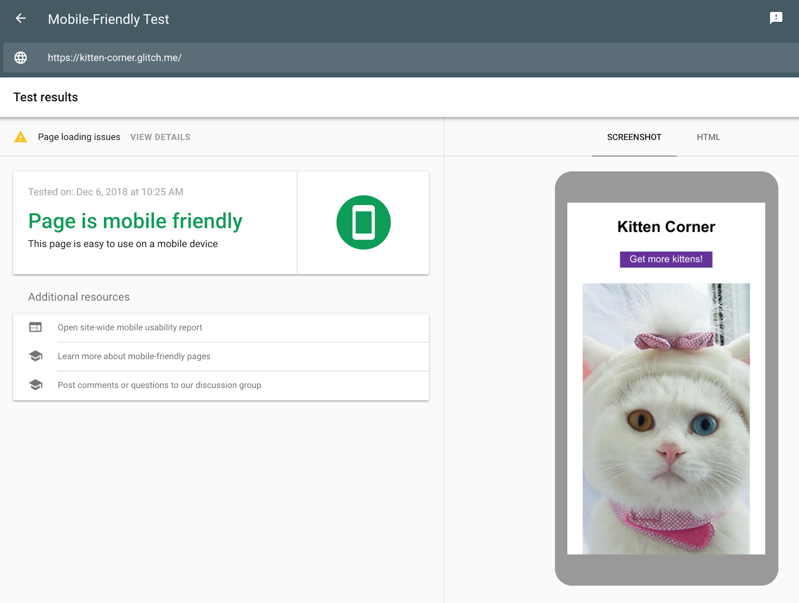 Il test di ottimizzazione mobile mostra che la pagina è ottimizzata per il mobile e lo screenshot ora include tutti i gatti mancanti.