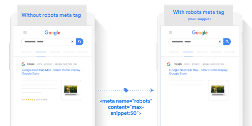 Hasil Google Penelusuran dengan dan tanpa tag meta robots max-snippet