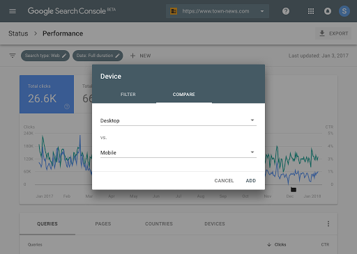 Search Console Search Analytics'te filtre ayarlama sırasında karşılaştırma modu görünümü
