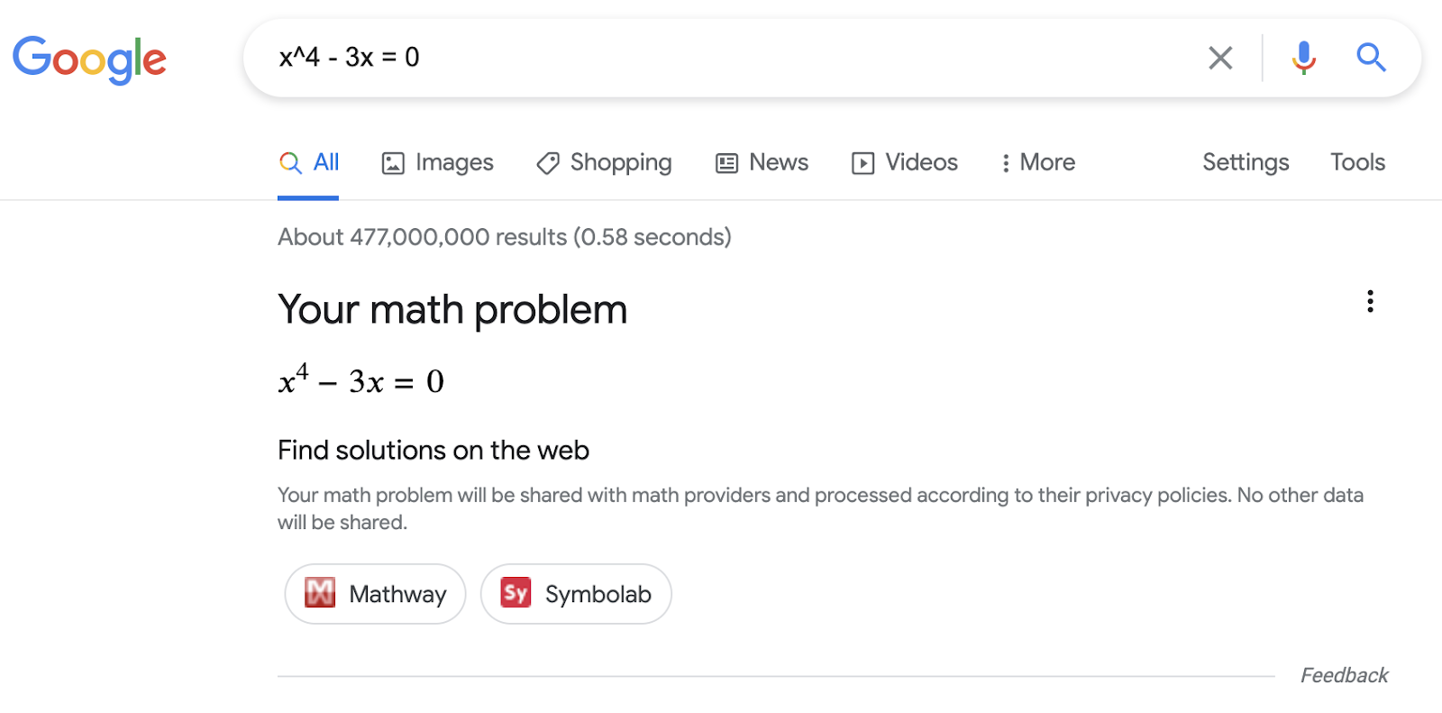 Google Arama'daki Matematik çözücüler zengin sonucu