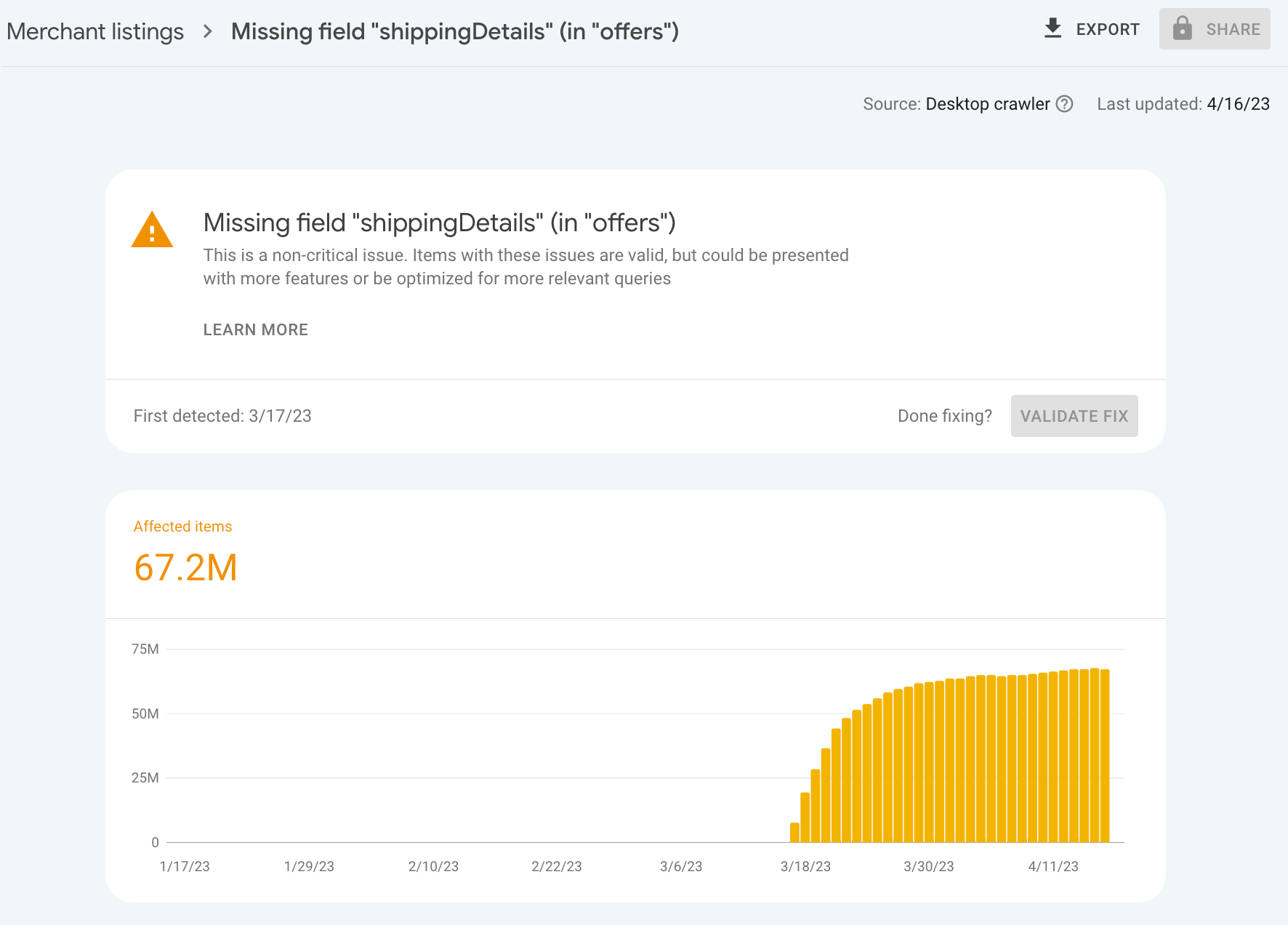 Captura de tela do relatório de informações de produtos do comerciante do Search Console