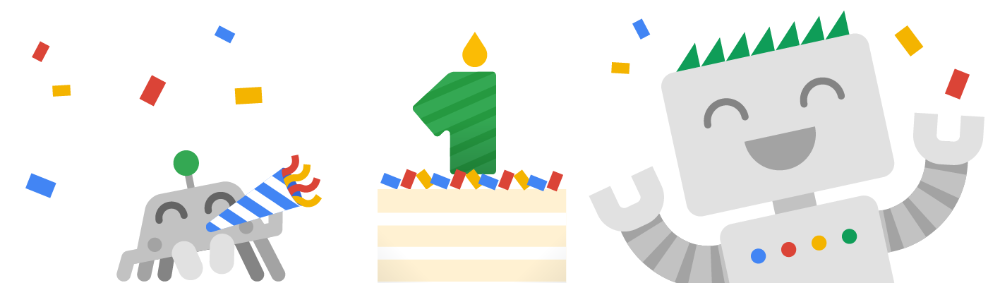 Googlebot et Crawley qui fêtent le premier anniversaire de Google Search Central