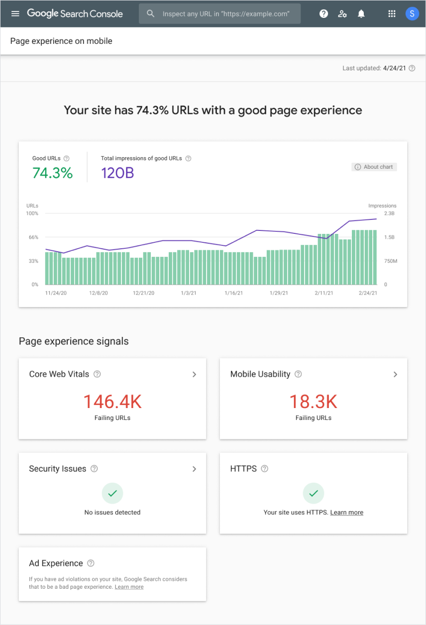 รายงานประสบการณ์การใช้งานหน้าเว็บใน Search Console