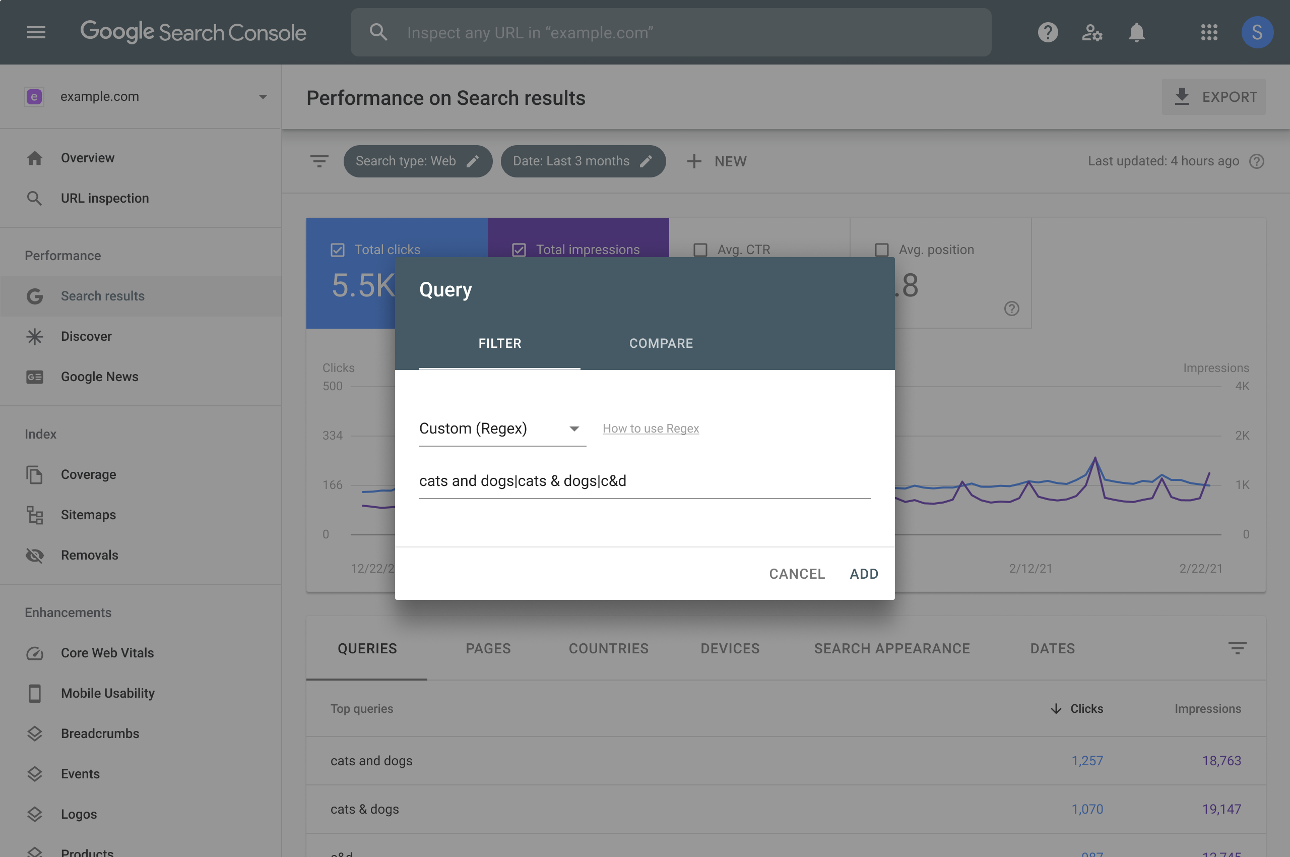 Filtre d'expression régulière du rapport sur les performances dans la Search Console