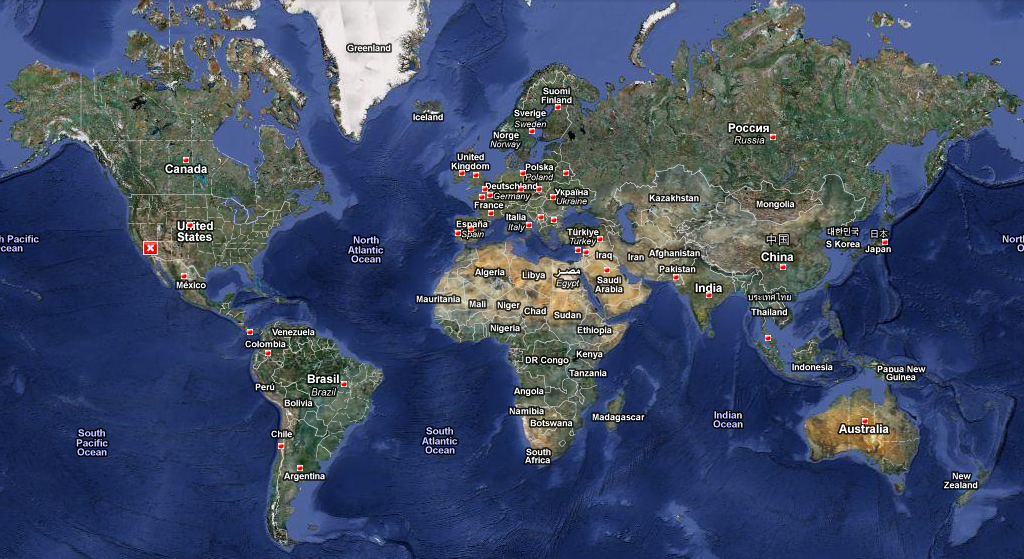 Carte du monde affichant, sous forme d'épingles, les principaux pays dans lesquels se trouvent les contributeurs