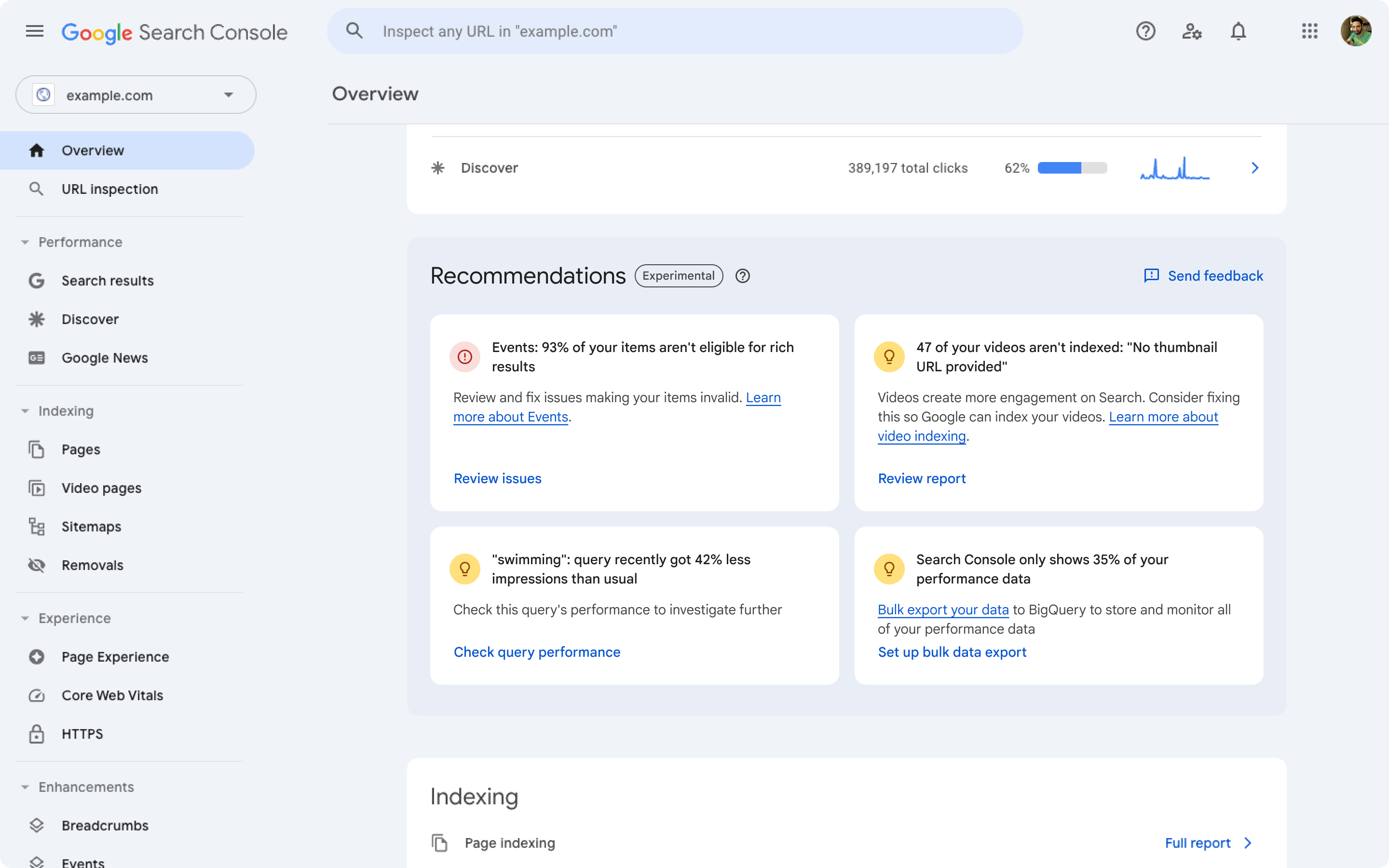 Imagen que muestra ejemplos de recomendaciones de Search Console