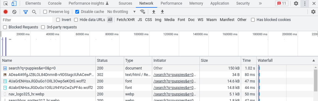 Onglet "Réseau" des outils pour les développeurs Chrome