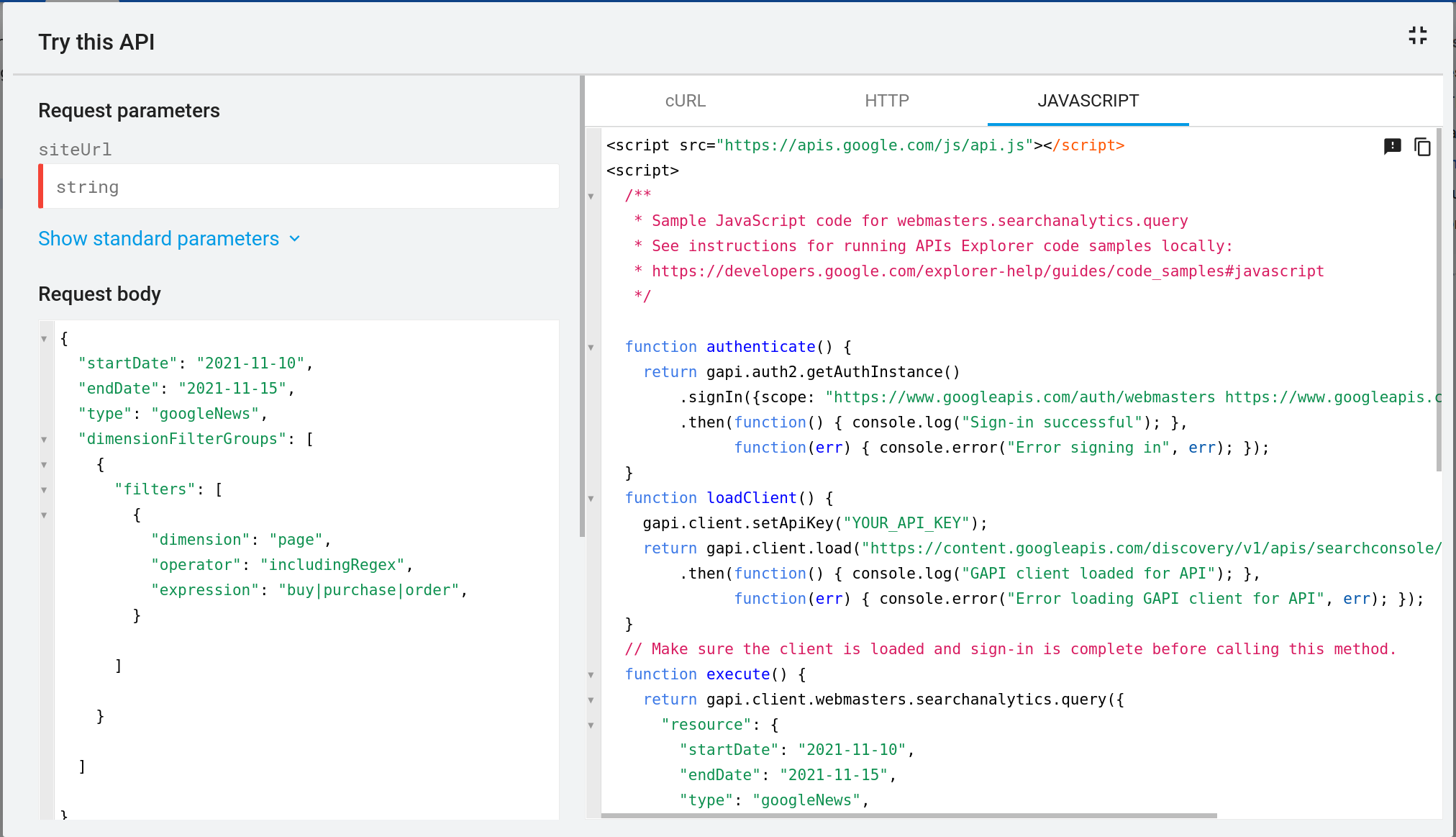 새 매개변수를 사용한 Search Analytics API 호출 샘플