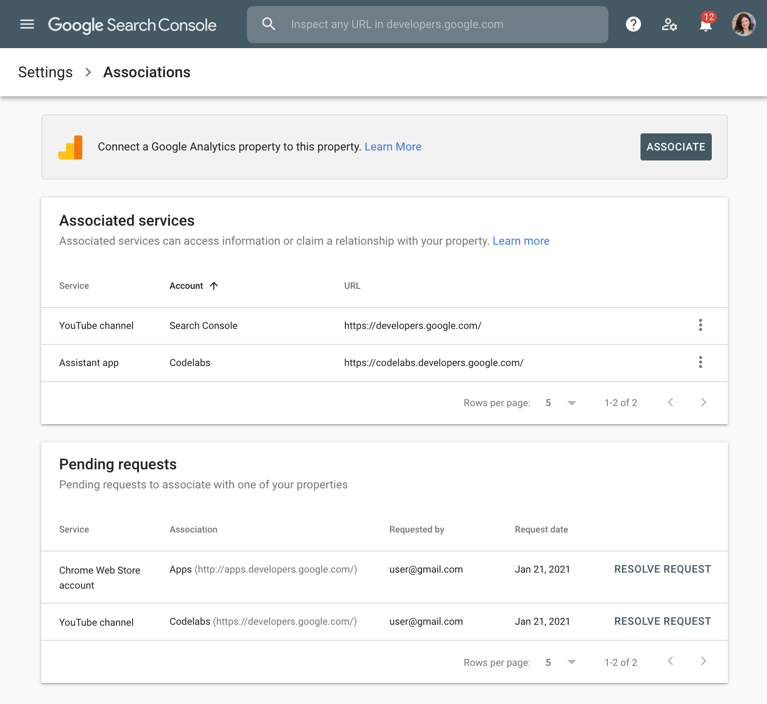 Page "Associations" dans la Search Console Google