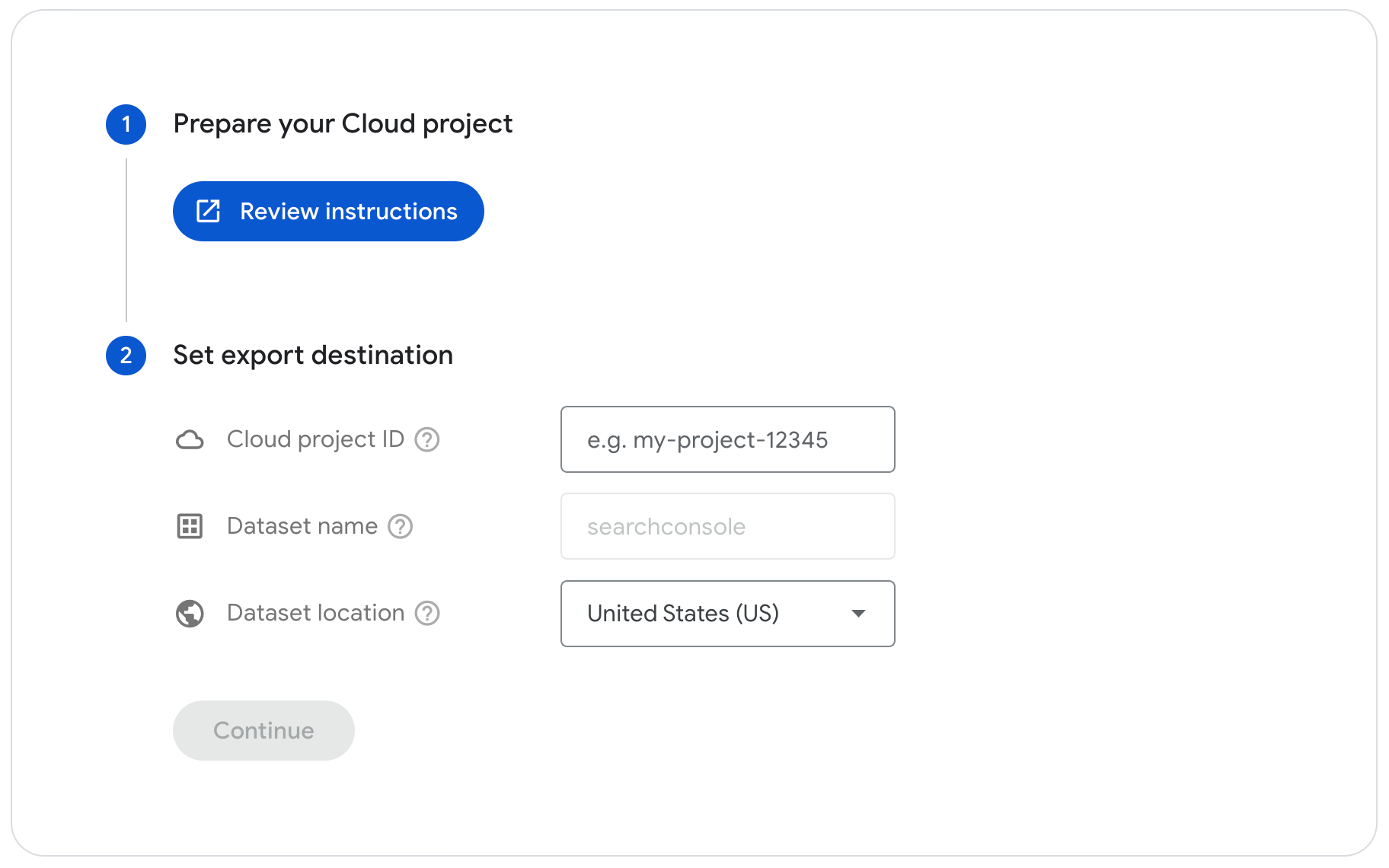 Página de configuración de la exportación de datos en bloque de Search Console