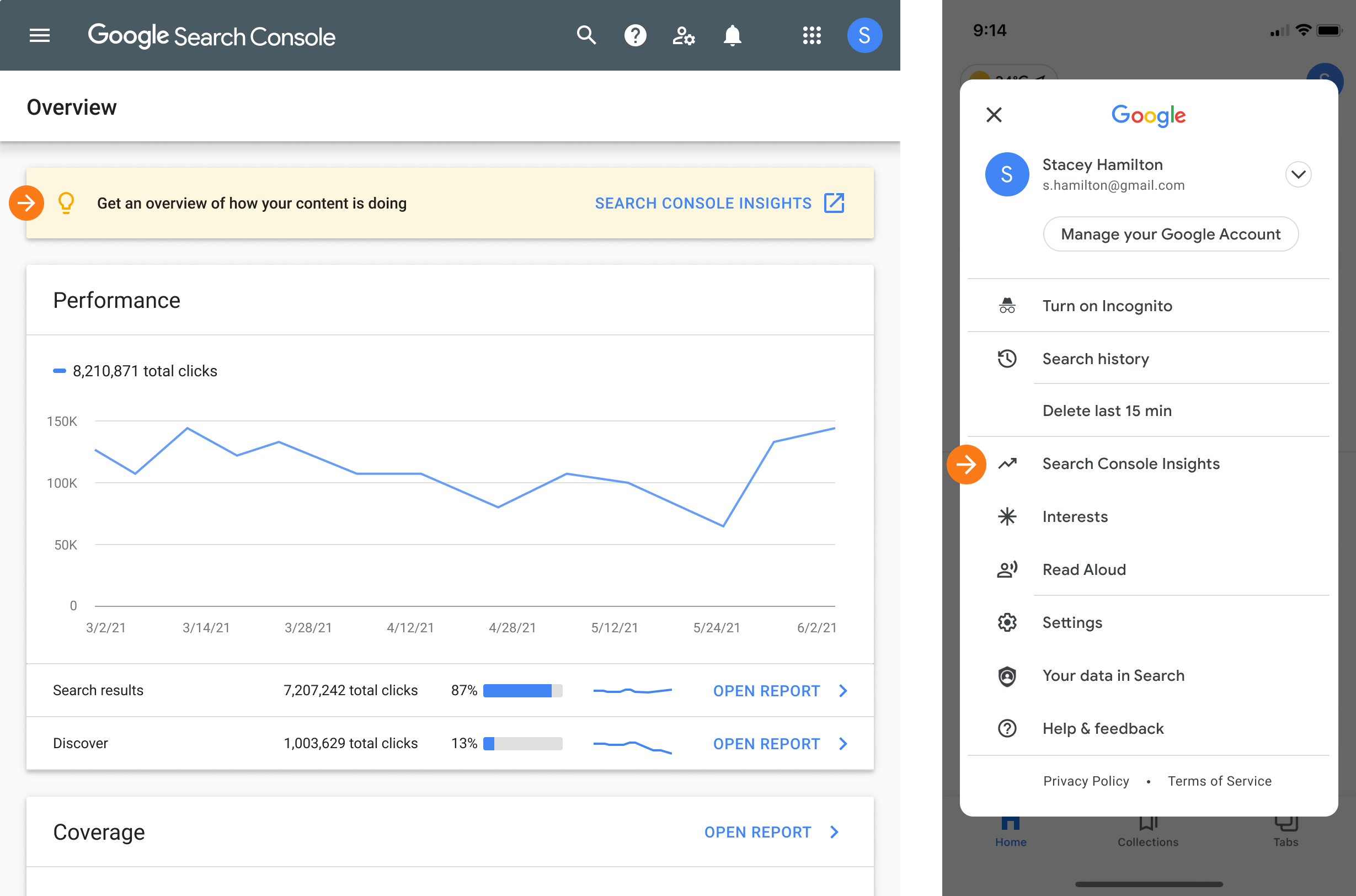 Einstiegspunkte in Search Console Insights