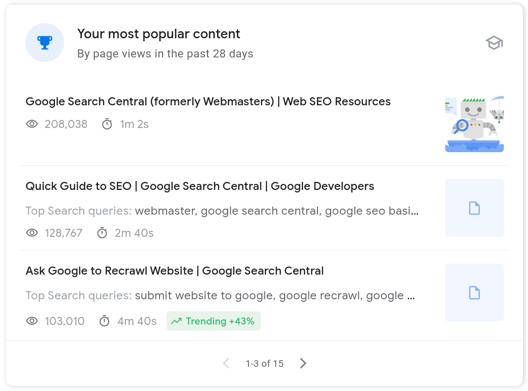 بطاقة المحتوى الأكثر رواجًا في &quot;إحصاءات Search Console&quot;