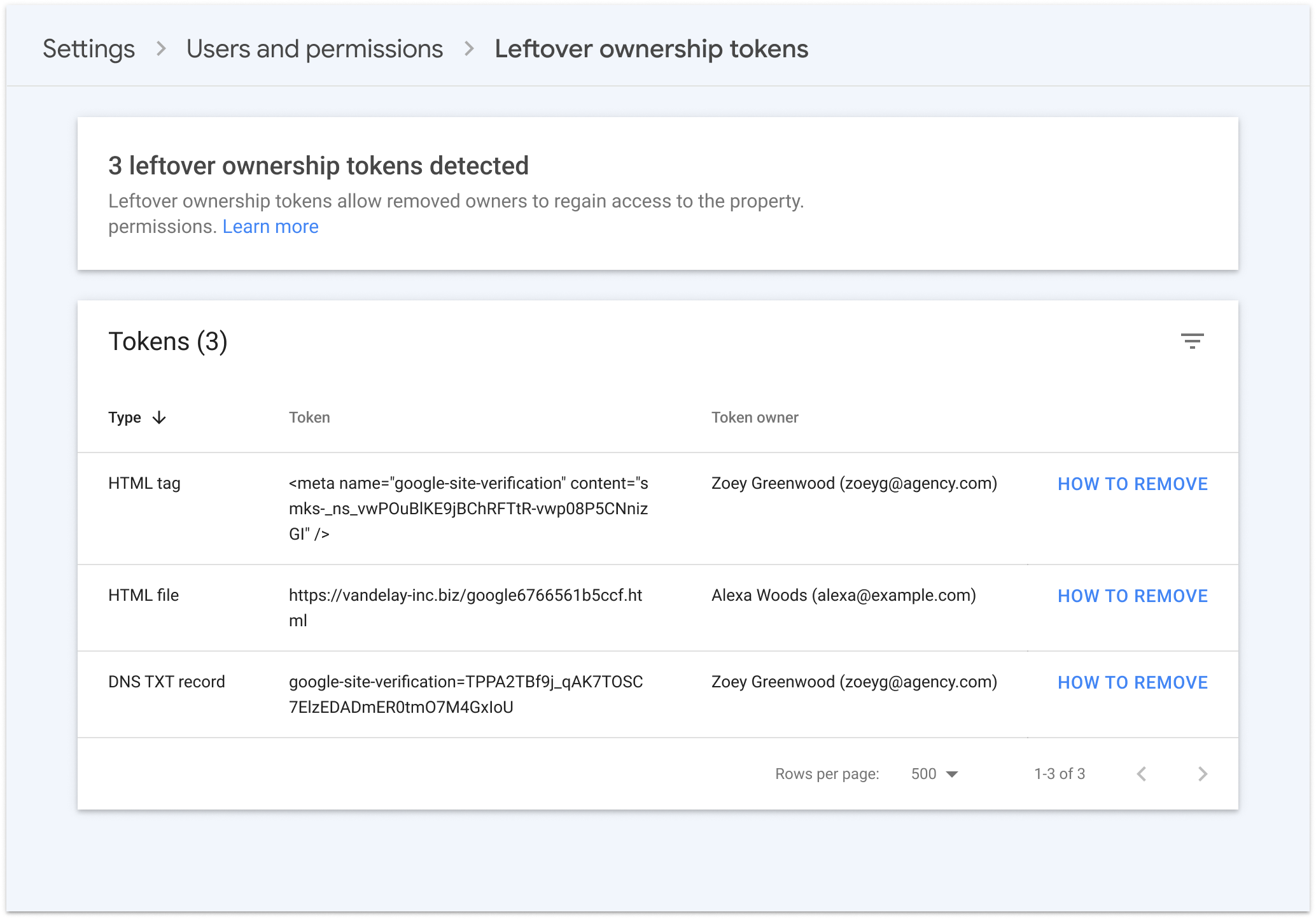 Página de configuración de Search Console en la que se muestran los tokens de propiedad restantes