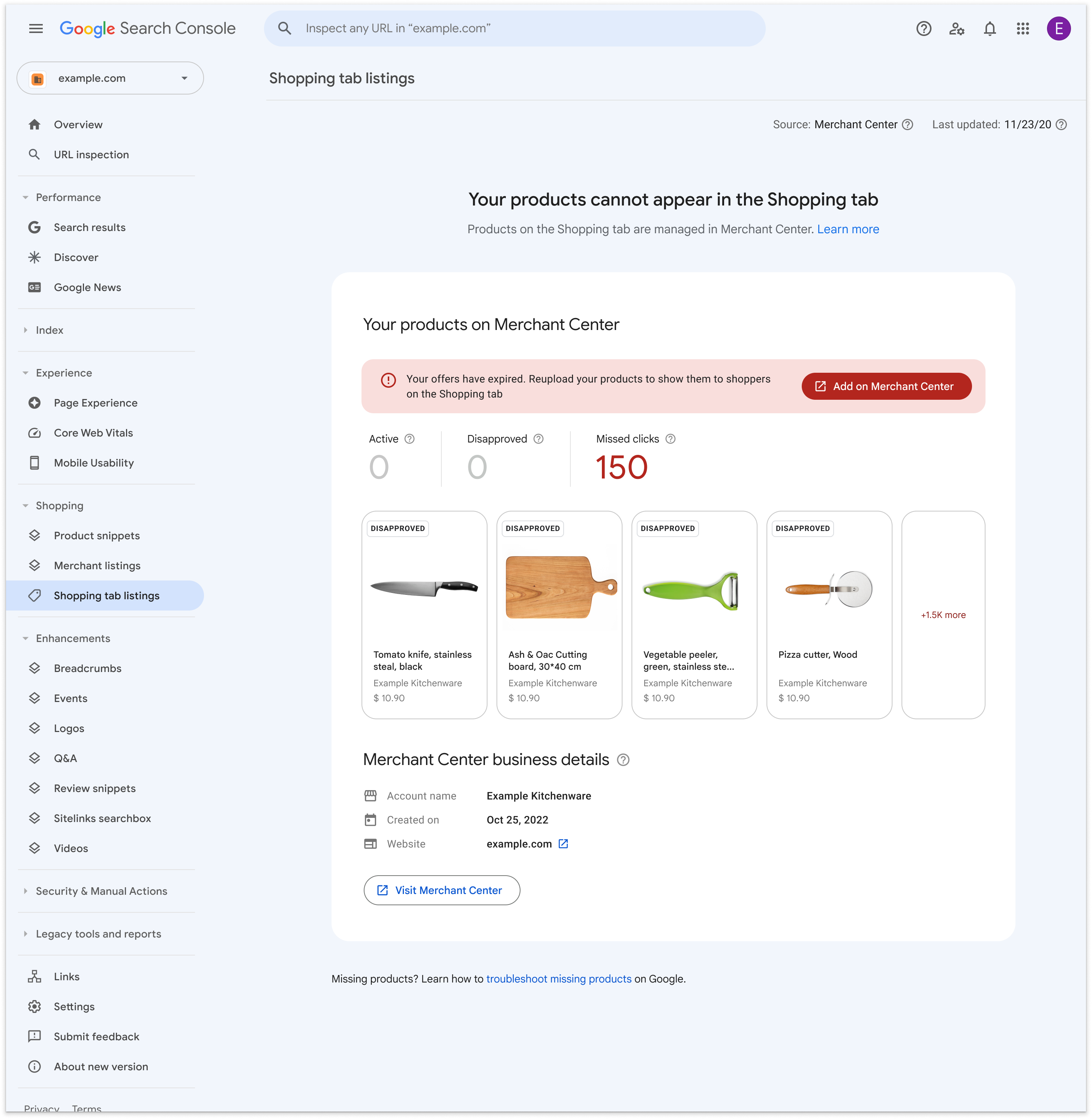 Notificación sobre fichas de la pestaña Shopping de Search Console