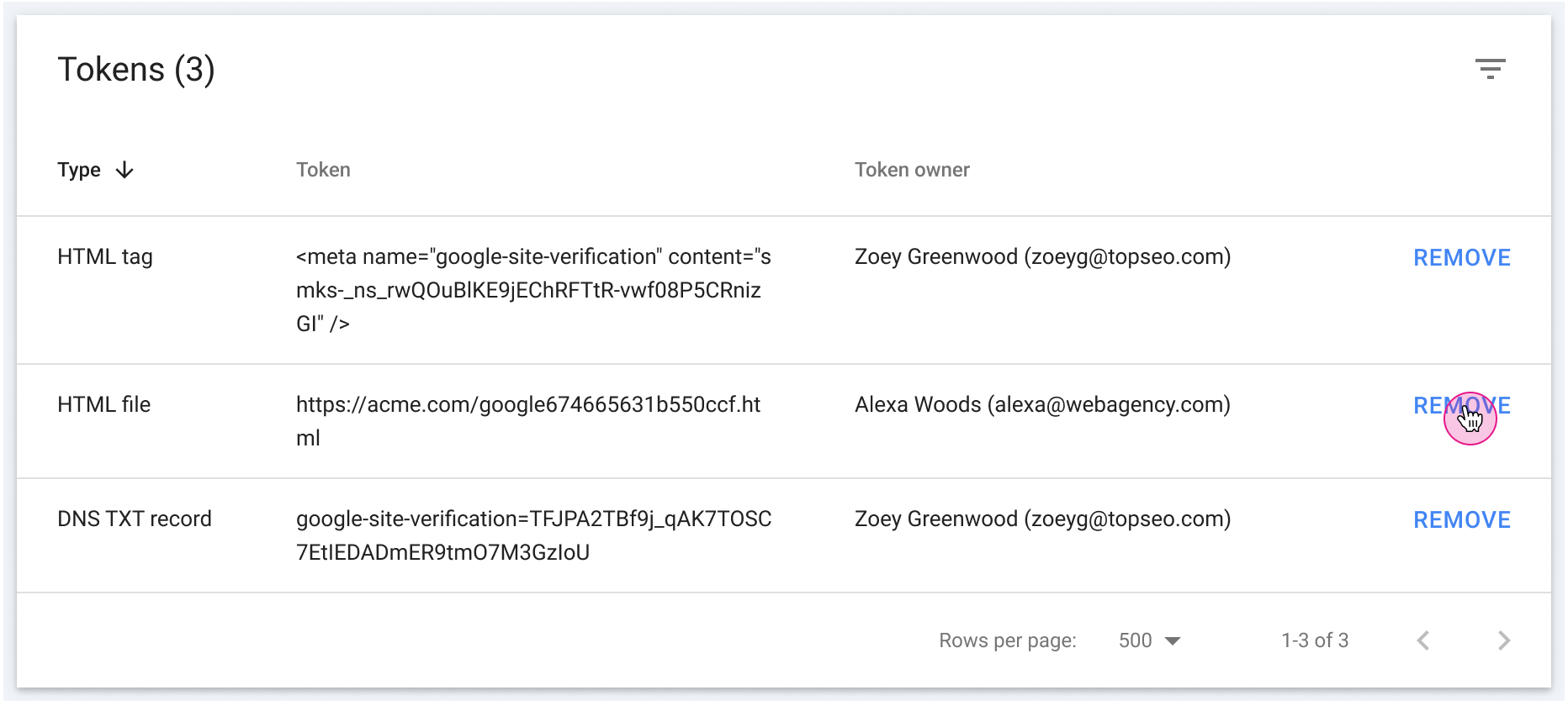 Screenshot di Search Console che mostra la gestione della gestione dei token di proprietà