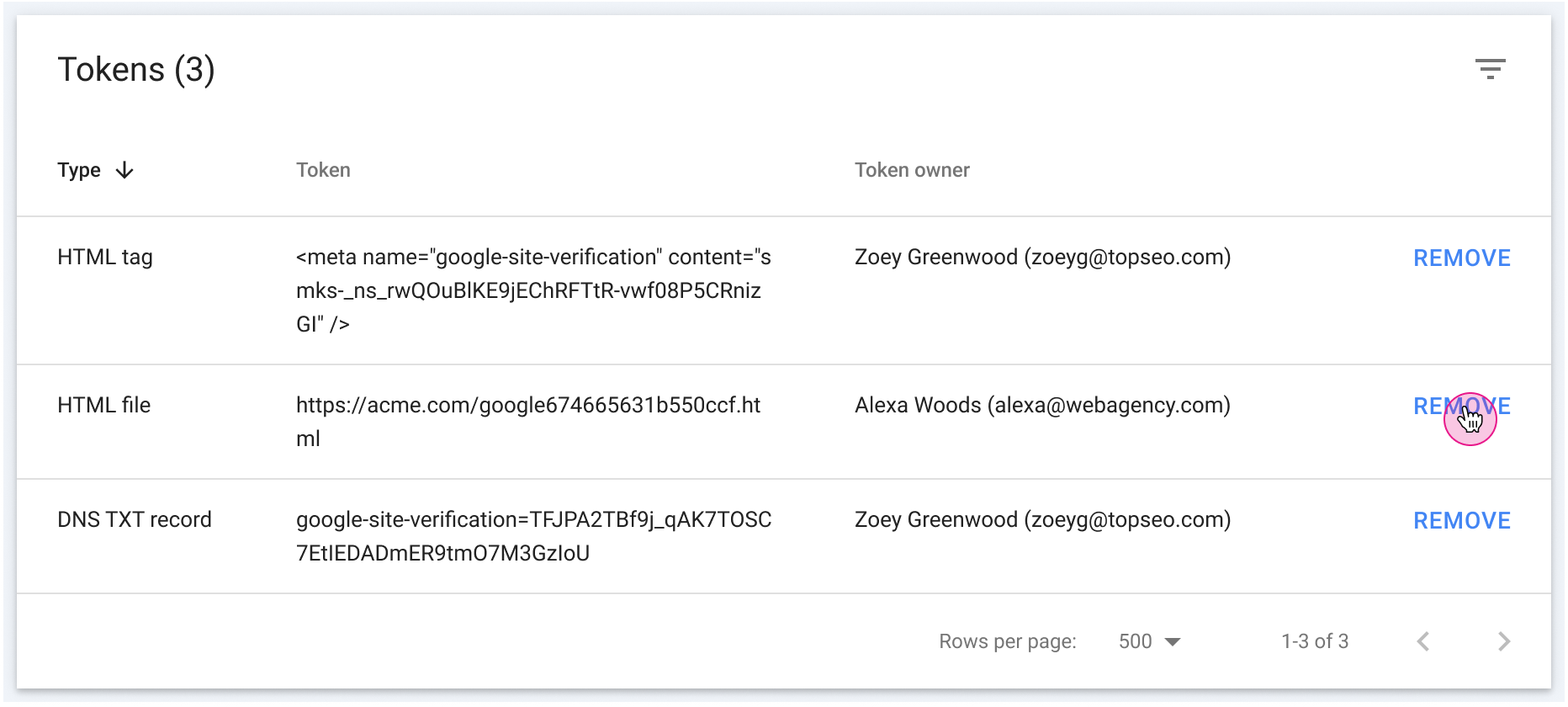 Captura de tela do Search Console mostrando o gerenciamento de token de propriedade