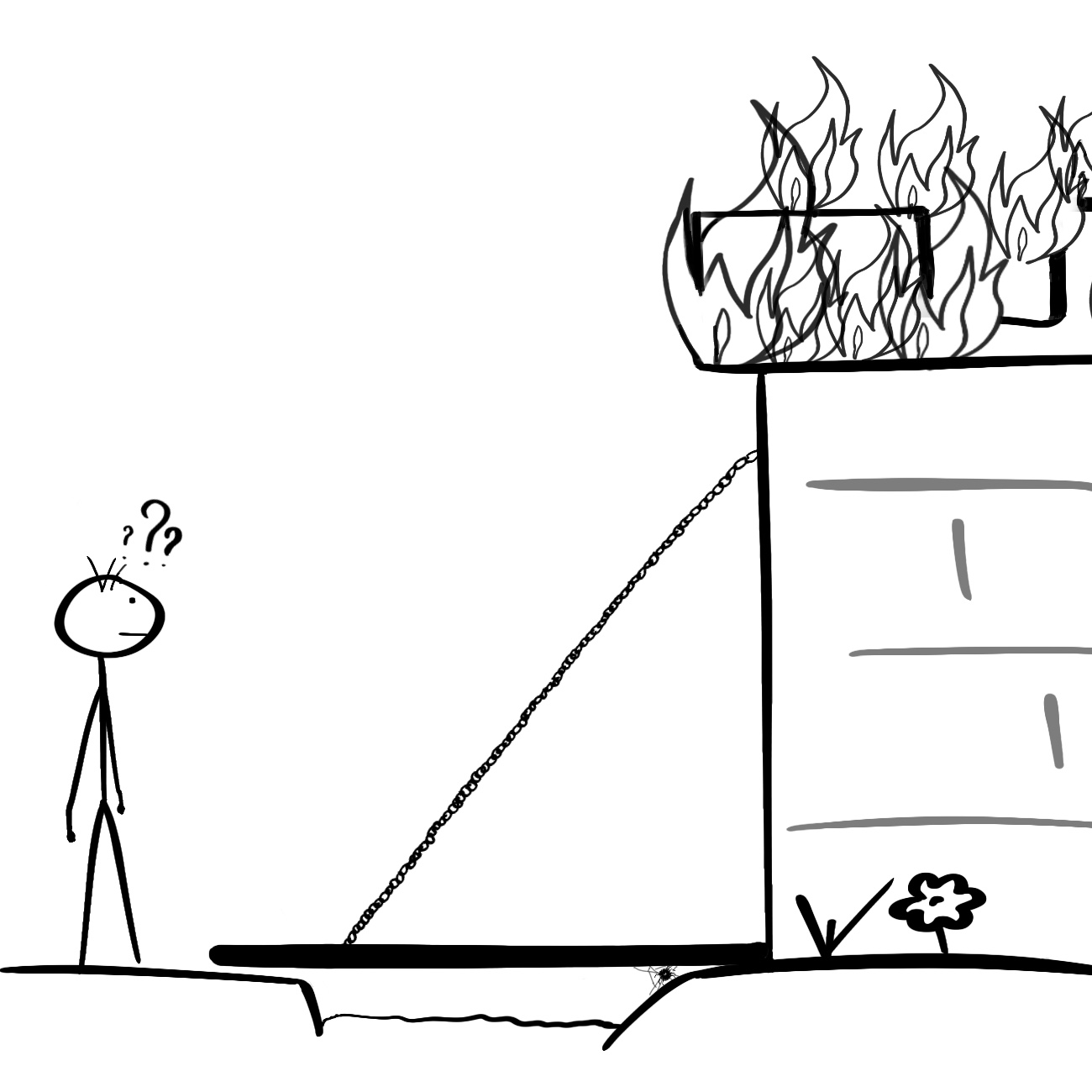 رسم توضيحي لتعذُّر استخدام المكتبة بسبب اشتعال النيران فيها