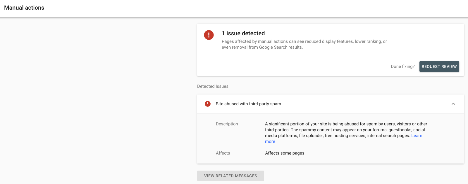 Search Console में, साइट पर तीसरे पक्ष के स्पैम के बारे में बताने वाला एक मैसेज