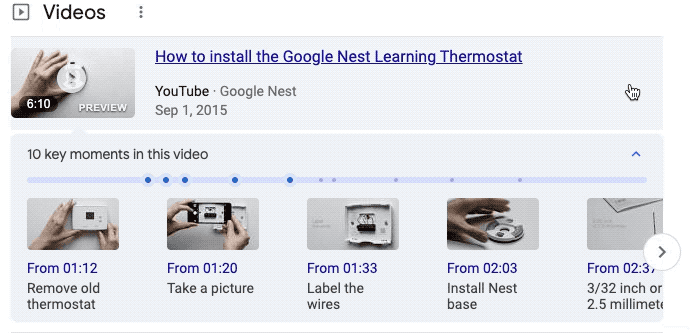 Video trên trang kết quả của Google Tìm kiếm, minh họa cách mà các khoảnh khắc chính được trình bày.