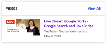 Contoh bagaimana badge LIVE muncul pada video di hasil Google Penelusuran.