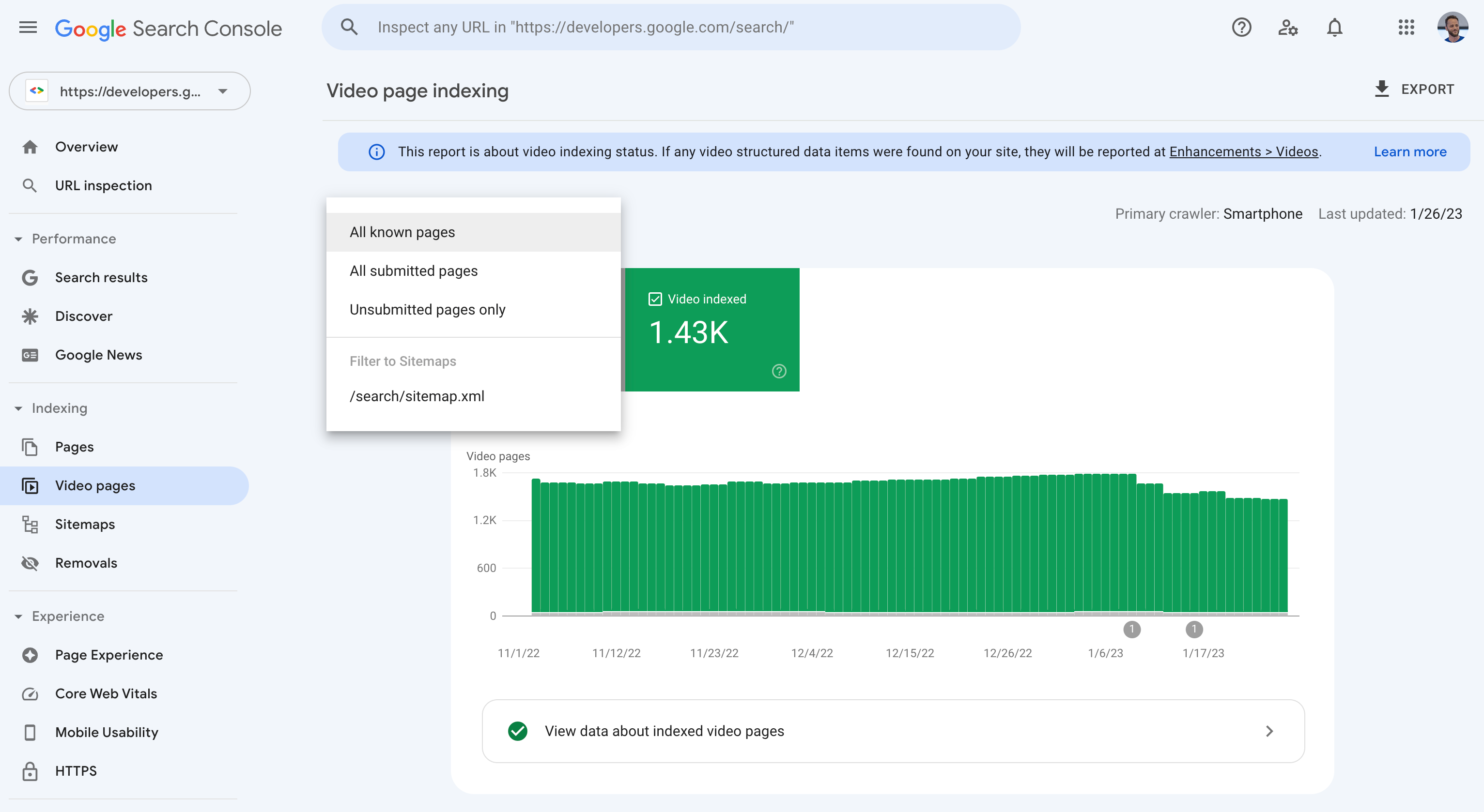 Filtro de sitemaps en el informe "Indexación de vídeos" de Search Console