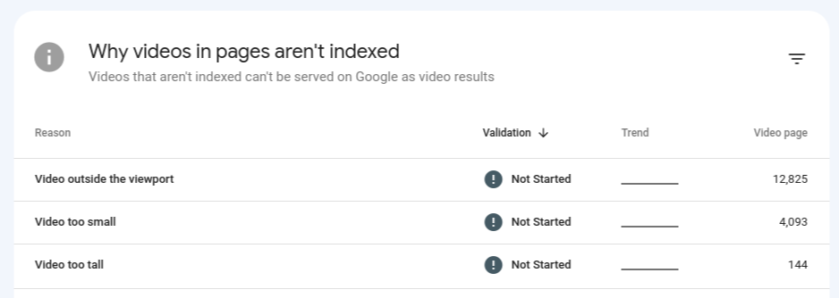 Laporan pengindeksan video Search Console yang menyertakan alasan baru