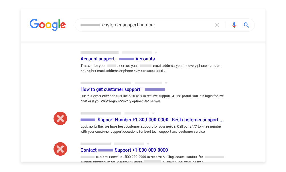 Esempio di frode dell&#39;assistenza clienti nei risultati di ricerca