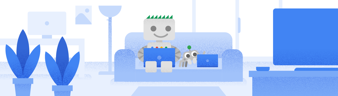 El robot de Google y su amigo, sentados en un sofá.