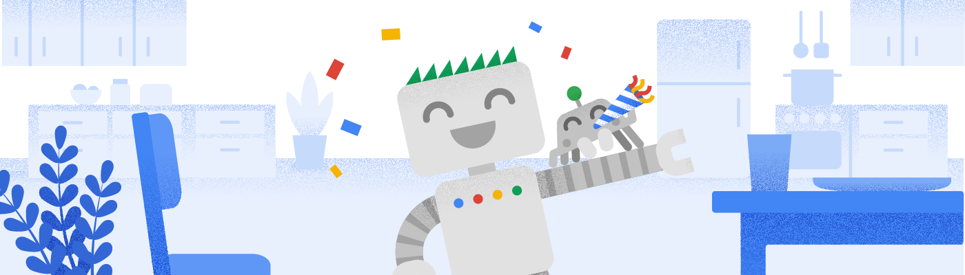 Googlebot and its friend cheering for the holiday season.