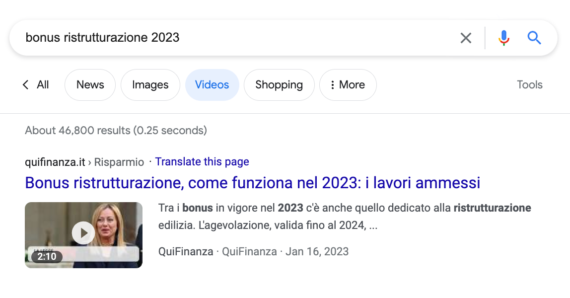 Site Web Italiaonline qui apparaît sous forme de résultat vidéo dans la recherche Google