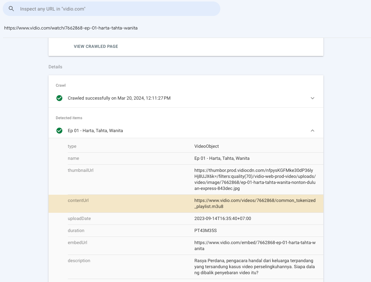 Vidio memvalidasi bahwa implementasi markup VideoObject di salah satu episode TV-nya menggunakan bagian Peningkatan kualitas video di Search Console