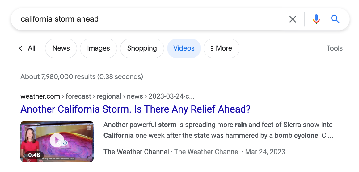 Google 검색에 동영상 결과로 표시되는 Weather.com 온라인 웹사이트