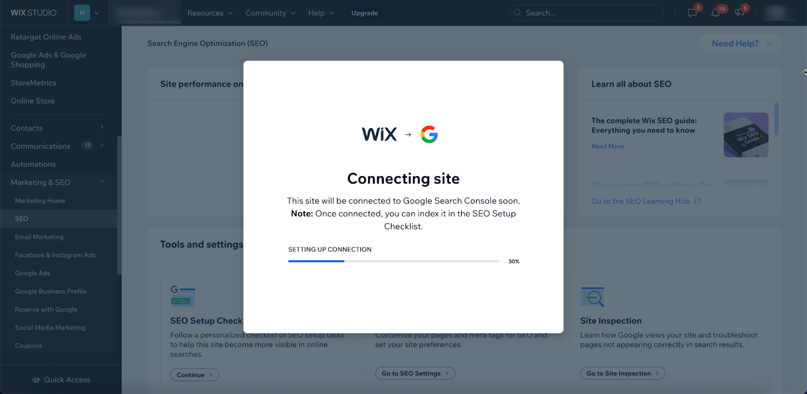 Wix che collega un sito a Search Console